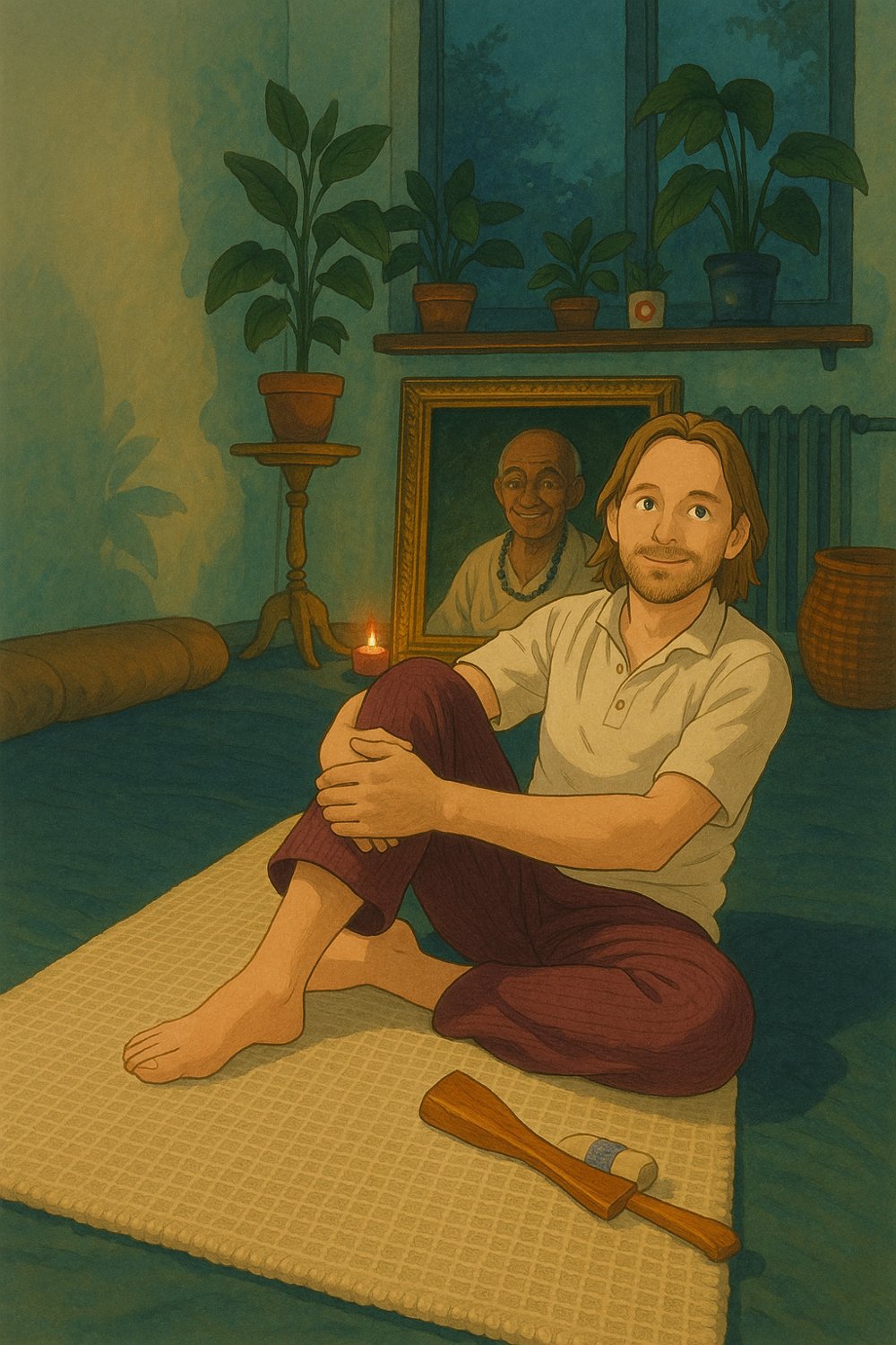 Ilustracja — Mirek na macie, w tle portret nauczyciela